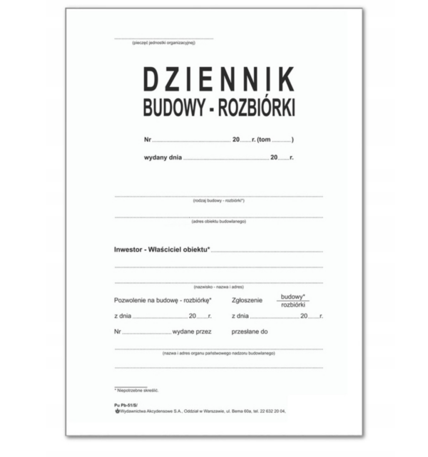 Dziennik budowy 20 kartek (10 kpl.) samokopiujący